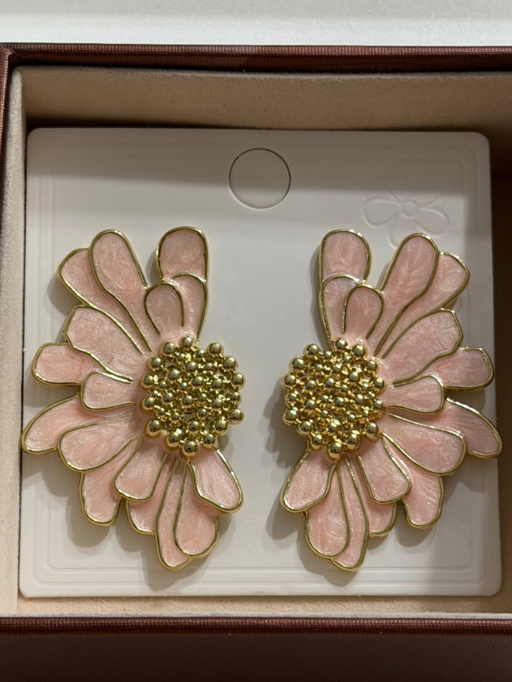 Vintage Golden Rose Pink Half Petal Flower Enamel Statement Earrings